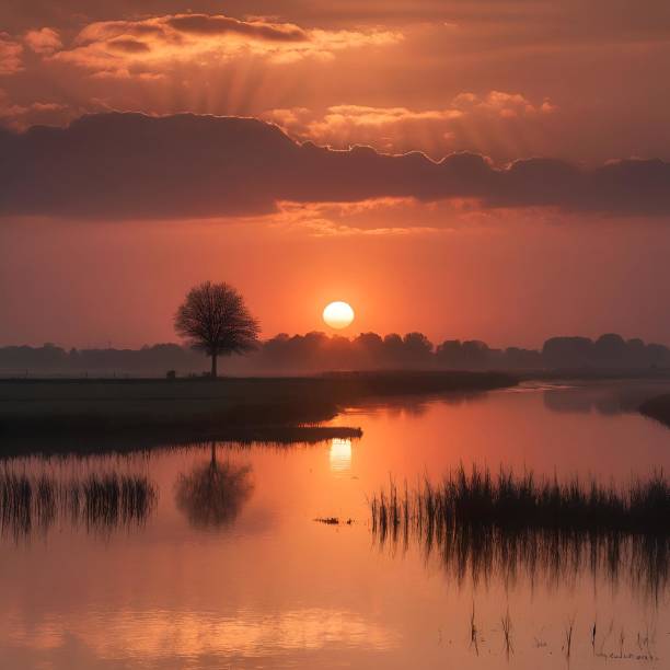 istock the sun setting over a lake and some trees, with the clouds behind it 2156059201
