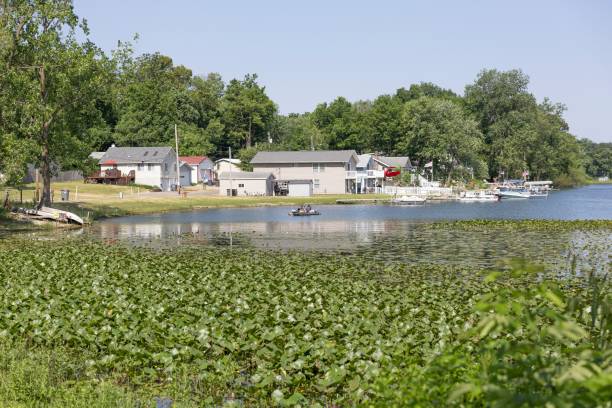 Scenic lake view with small houses in the vicinity