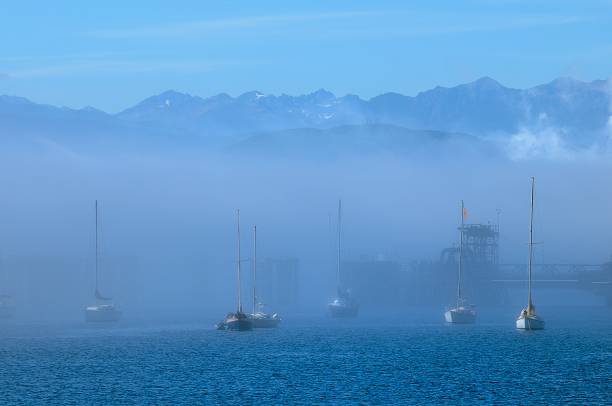 istock several boats sailing in front of mountains and mist covered water 2156062332