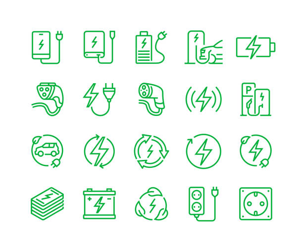 ilustraciones, imágenes clip art, dibujos animados e iconos de stock de conjunto de iconos de línea de carga, eléctrico, de carga de coches, de eficiencia energética. - estación de carga eléctrica