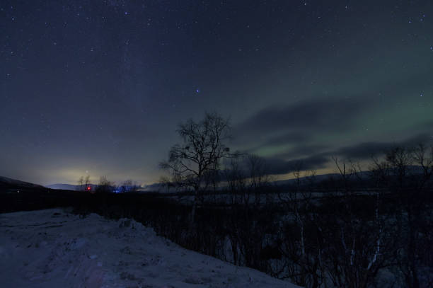 istock a wintery night with the aurora lights lit up over a forest and snow covered 2156063400