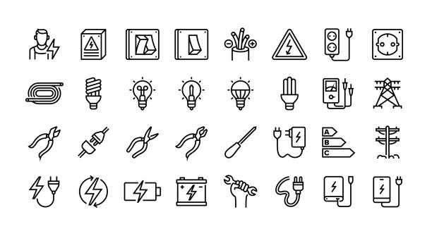 stockillustraties, clipart, cartoons en iconen met electrician line icon set. - kabel