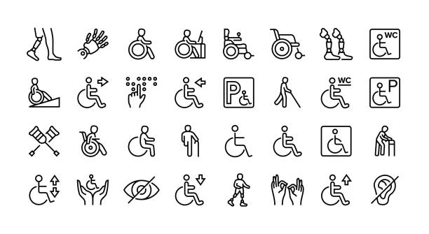 fogyatékosság élő vonal ikon beállítása. - international symbol of access témájú stock illusztrációk