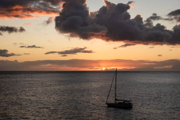 Colorful Sunset Sailboats Breakwater Swimmer Waikiki Honolulu Oahu Hawaii