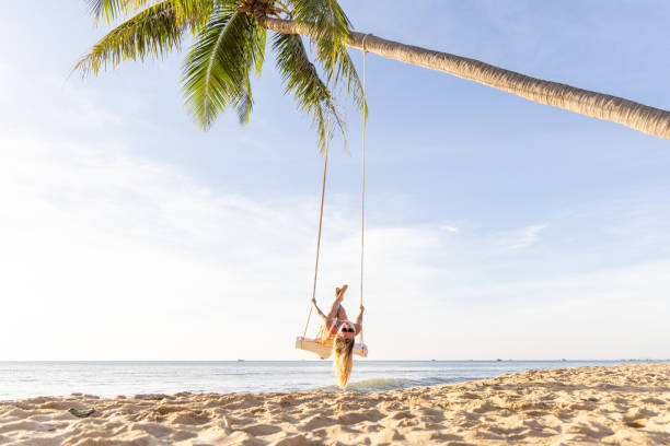 istock Woman Swinging Joyfully on a Palm Tree Swing at the Beach 2156072698