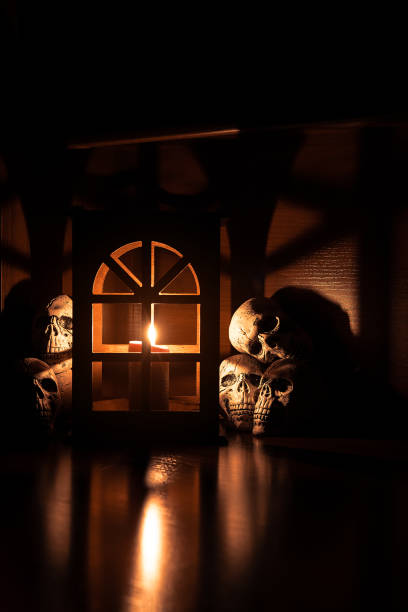 Halloween decorative interior installation by vintage wooden material lantern and group of human skulls, vertical photo concept with darkness, soft focus and fire light effect