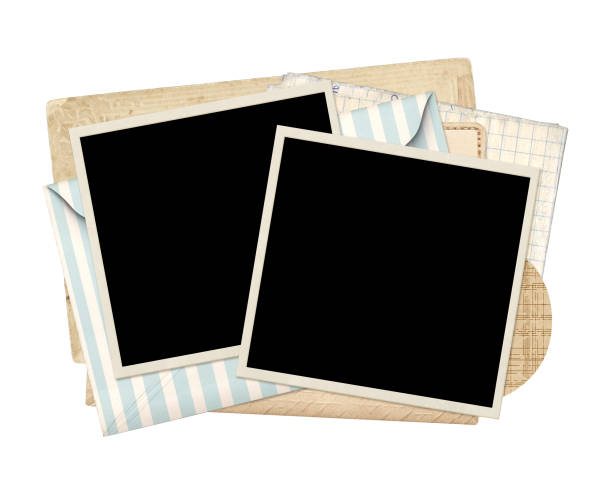 istock Two retro photo frame on vintage envelope. Nostalgic scrapbooking style. Mock up template. Copy space for text. Isolated on white background 2156077987