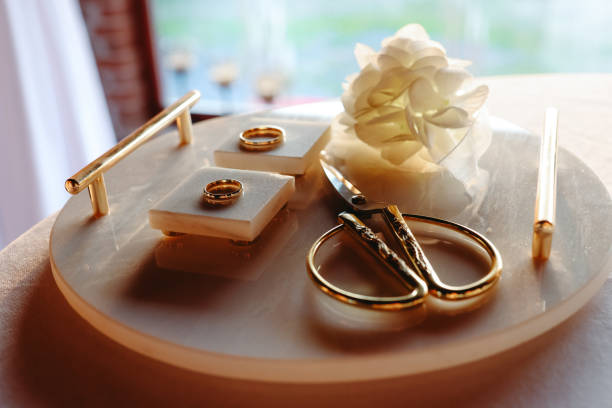 istock Wedding ring and scissors decorations on a white tray 2156081911