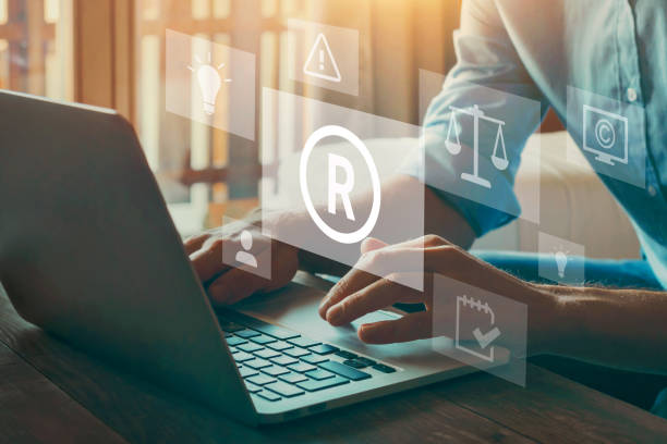 Registered Trademark and Intellectual Property Registered Trademark and Intellectual Property diagram with icons, law concept, register patent or brand. trademark stock pictures, royalty-free photos & images