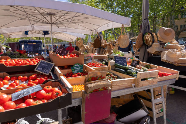 istock Market stall with fresh vegetables and fruit in Saint Tropez 2156086884