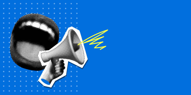 Pop art modern collage with screaming mouth and bullhorn Pop art modern collage with screaming mouth and bullhorn. Halftone newspaper elements. Advertising banner with megaphone and copy space. Announcement banner of news, sales. Loudspeaker announces loud mouth cartoon stock illustrations