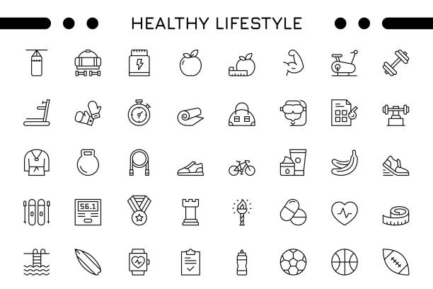 gesunder lebensstil editierbares strich-icon-set - spinning-bike stock-grafiken, -clipart, -cartoons und -symbole