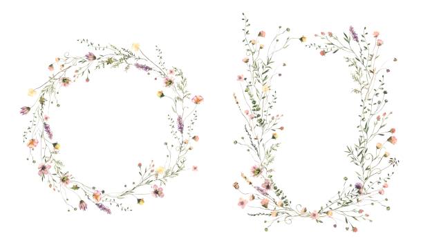 Watercolor Midsummer floral Wreaths collection with hand painted delicate leaves, flowers. Romantic floral arrangements perfect for wedding greeting cards, invitation. Watercolor Midsummer floral Wreaths collection with hand painted delicate leaves, flowers. Romantic floral arrangements perfect for wedding greeting cards, invitation. High quality illustration bunch of flowers images pictures stock illustrations