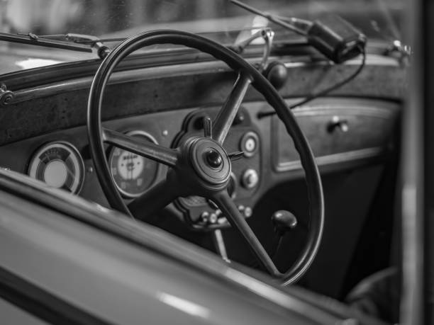 vintage car vehicle dashboard and steering wheel