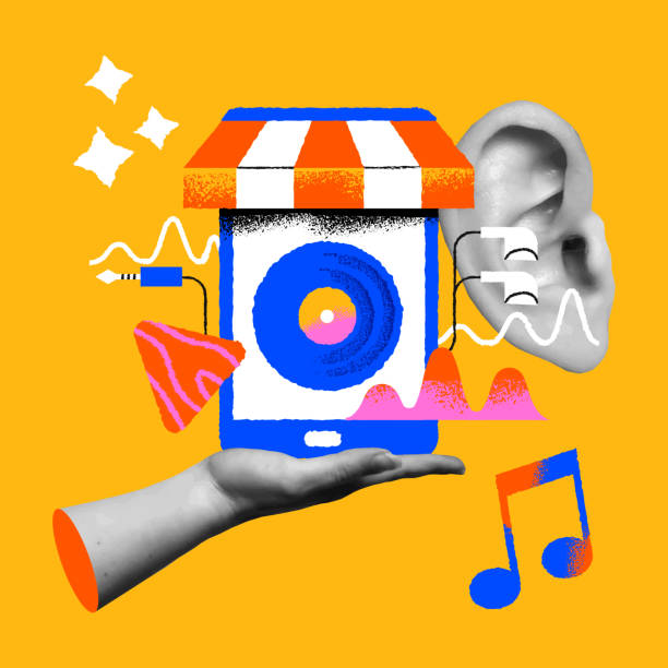 istock Music store phone app cartoon, hand and ear in retro collage vector illustration 2156101510