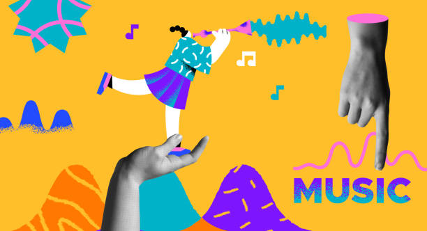 istock Woman musician playing clarinet and human hands retro collage illustration 2156101622