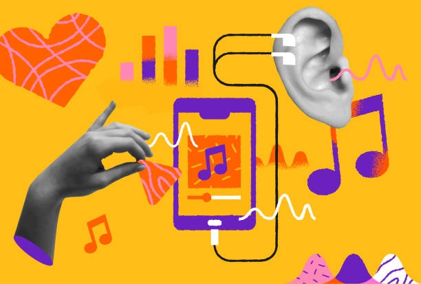 istock Music phone app cartoon, human hand and ear in retro collage vector 2156101647