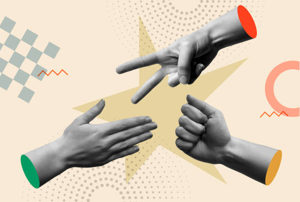 Hands making sign as rock paper and scissors game in retro collage vector illustration. Contemporary art concept for strategy, competition, teamwork and leisure.