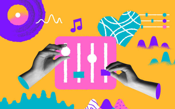 istock Retro music technology cartoon and hands retro collage vector illustration 2156101781