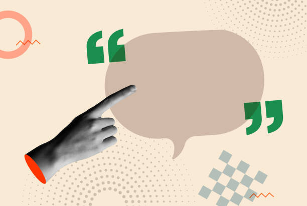 Speech balloon empty space and human hand in retro collage vector Speech bubble with empty space to add conversation and human hand pointing the balloon in 80s retro collage vector illustration. Ideal for slogan, concept of communication and promotion. teamwork slogan stock illustrations