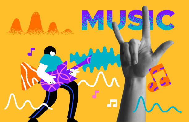 istock Man musician playing rock guitar and human hand gesture retro collage illustration 2156101978