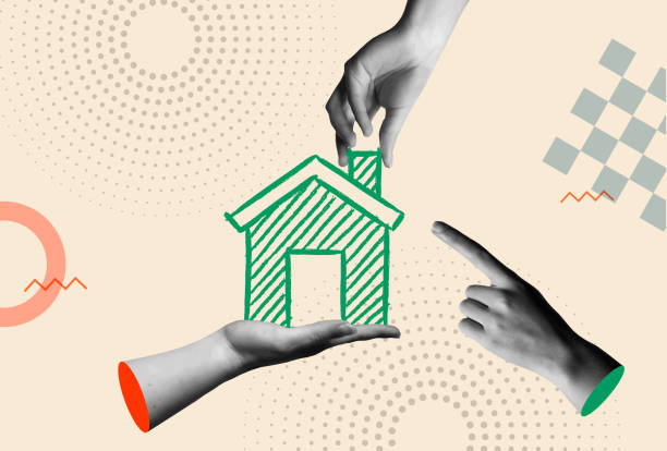 Human hands holding family home in retro 80s collage mixed media vector illustration. Concept for financial real estate, property investment, mortgage and protecting insurance.