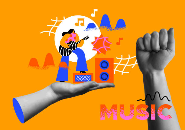 istock Music concert girl playing guitar human hands in retro collage vector illustration 2156102147