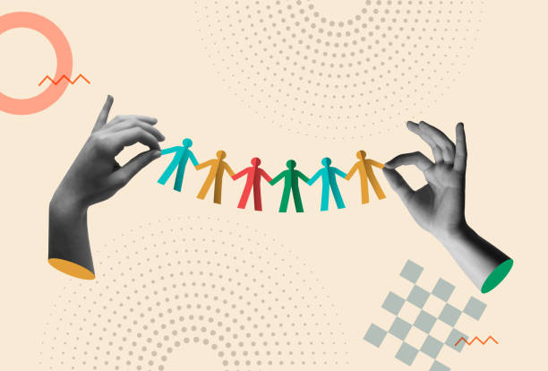 People holding hands in 80s retro collage vector illustration Teamwork concept, human hands holding diversity people origami in retro 80s collage mixed media vector illustration. Design for togetherness, friendship, cooperation and support. origami hand stock illustrations