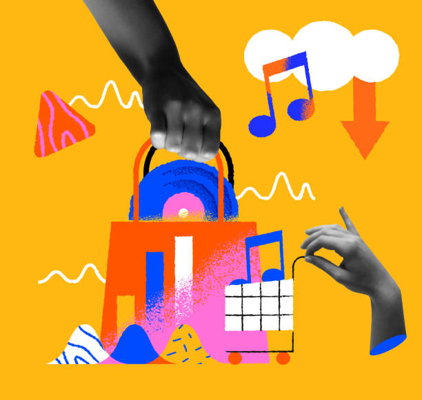 istock Music store business concept and human hand retro collage vector illustration 2156102240