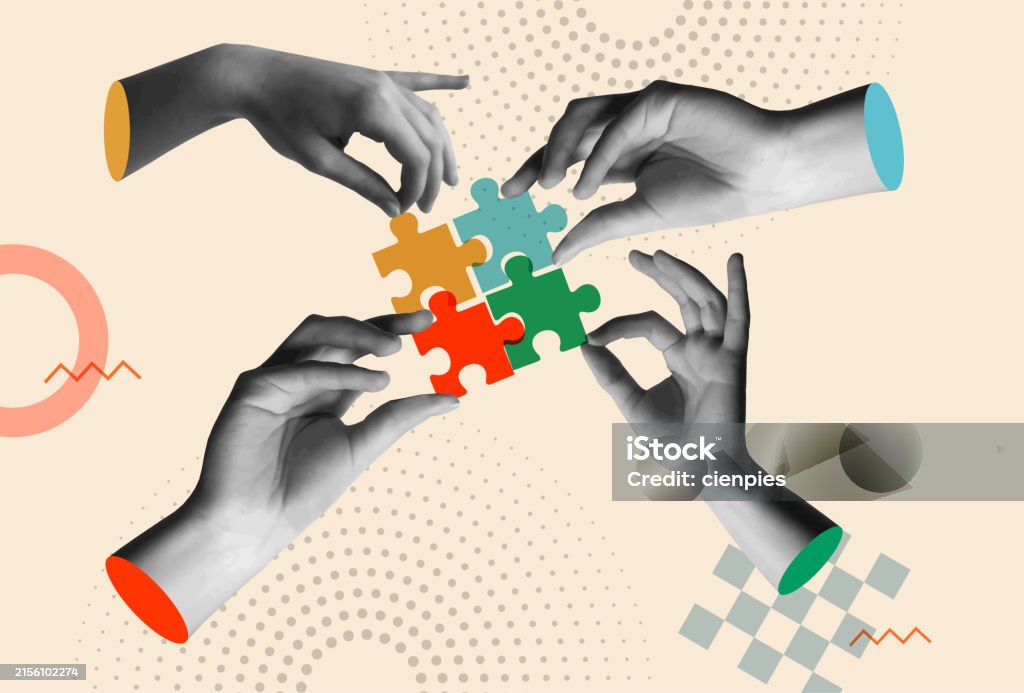 Hände, die bunte Puzzleteile in Retro-Collage-Vektor-Illustration halten - Lizenzfrei Zusammenarbeit Vektorgrafik Hände, die bunte Puzzleteile in Retro-Collage-Vektor-Illustration halten - Lizenzfrei Zusammenarbeit Vektorgrafik