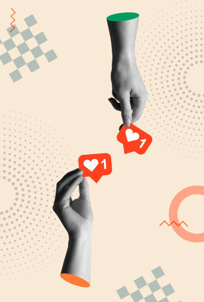 istock Social media positive feedback heart symbol and hands in retro collage vector 2156102309