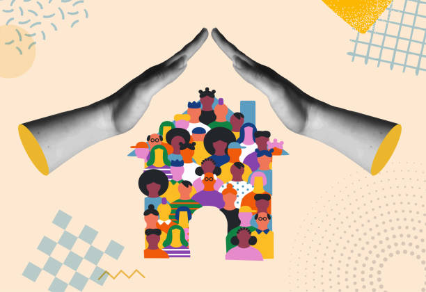 Hands covering a house and diverse people in retro collage illustration. Home protection insurance and family health live concept. Design for home protect and property insurance, care family practice and safety estate.