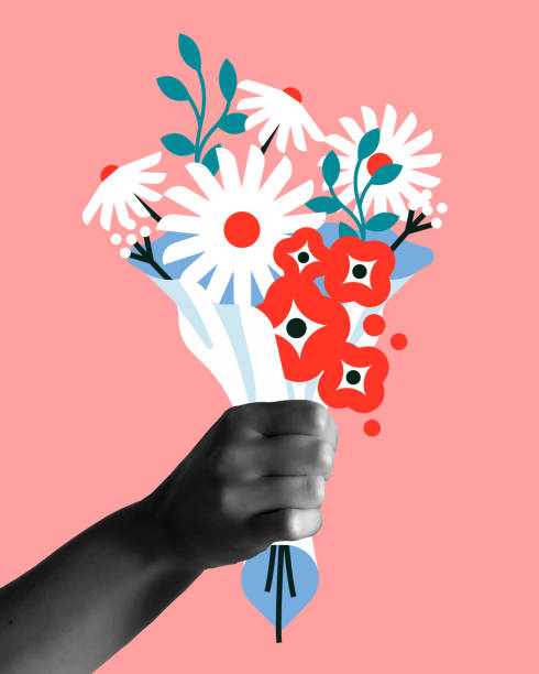 istock Hand with pink flowers bouquet in collage vector card illustration 2156102445