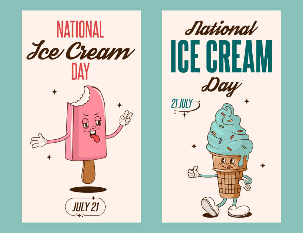 Groovy retro national ice cream day backgrounds with cool ice cream characters and text. Vector illustrations for posters, flyer and social media.