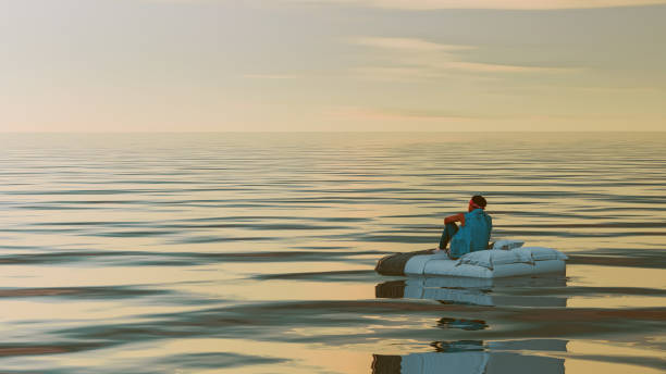 Seascape on a cloudy day with a small white boat