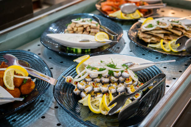 Spicy seafood served at the food buffet.