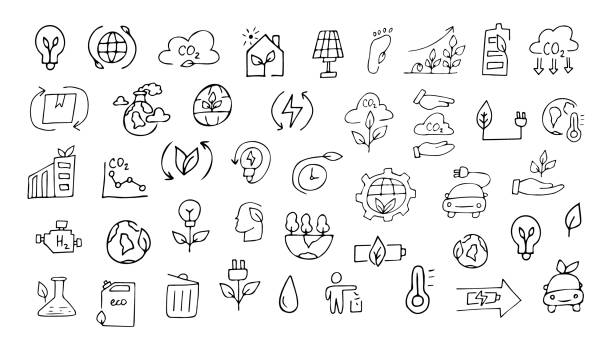 ecology. ecology. nature. protection of nature. trees. water. petrol. pack. biodegradable items. preserve nature. environment protection. EPS 10. on a white background. black color. lines. doodle. actual. curr co2 drawings stock illustrations