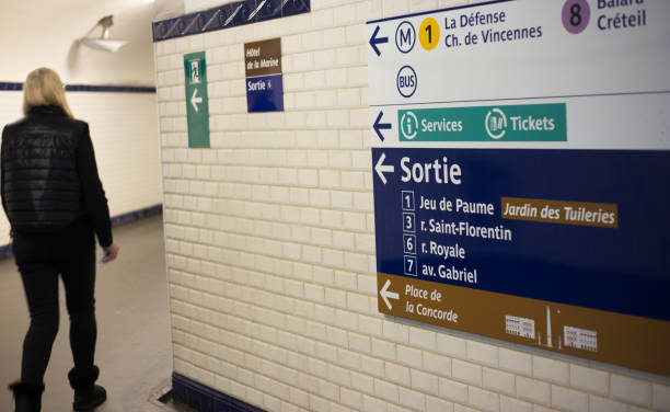 Paris, France: A woman walks past an underground sign in the Concorde metro station pointing toward an exit and Line 1.