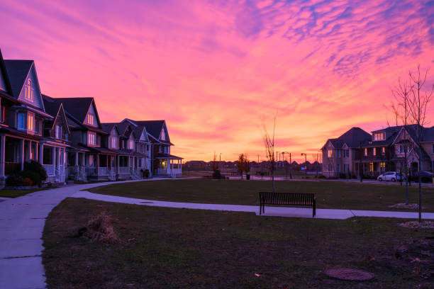 Sunrise on new community at the eastern end of Markham, a suburban town in the north of cosmopolitan Toronto area.