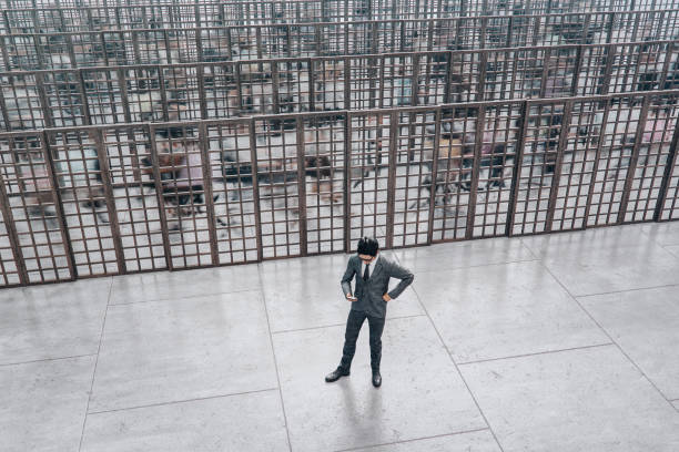 Japanese businessman standing amidst people in motion. 3D generated image.