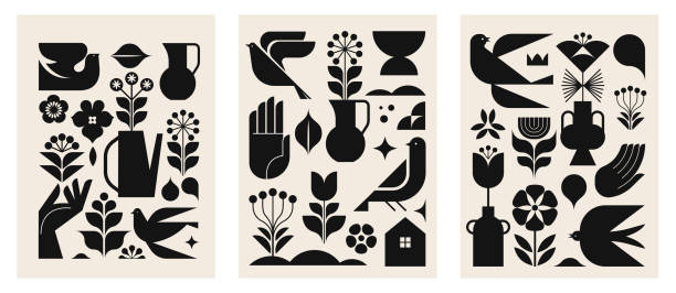 Black and white modern symbolist design. minimalist black illustrations in modern Nordic style. Vector Linocut, lino print concept art. Printable wall decor, cards, apparel designs