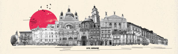 istock Ukraine, Lviv - city collage or art design with famous buildings 2156123780
