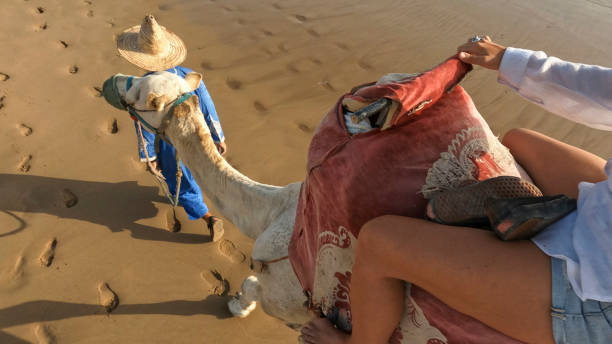 istock Young woman rides camel with guide 2156130756
