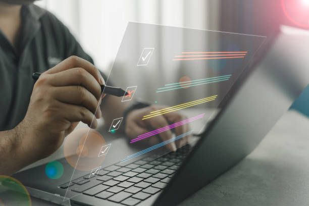 istock Assessment form, questionnaire, checklist and clipboard task management. Checklist and filling survey form online. 2156130767