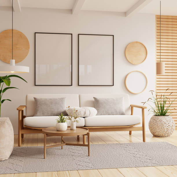 istock Poster mockup with vertical frames on empty white wall in living room interior- 3D rendering 2156130990
