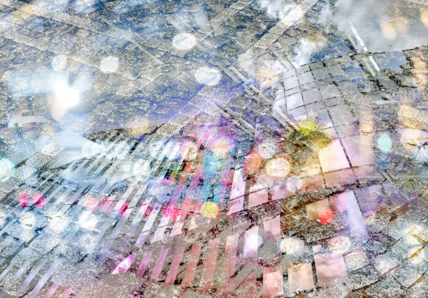 abstract multiple exposure urban background with cobblestone road and blurred cars lights.