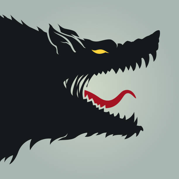 Beast, Wolf, Werewolf Head Silhouette - Cut Out Vector Icon Sticker Stylized silhouette of beast, wolf, werewolf head with open mouth, red tongue and yellow eyes - cut out vector icon, logo, sticker on gray background nasty dog stock illustrations