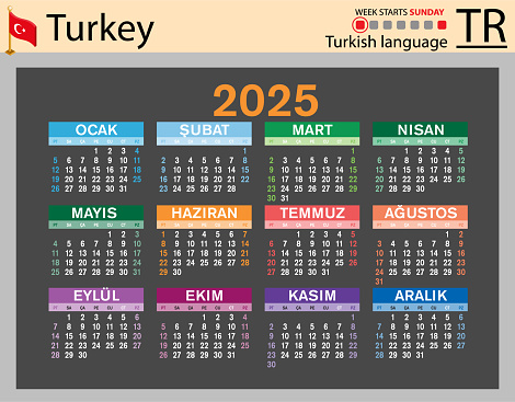 Turkish Horizontal Pocket Calendar For 2025 Week Starts Sunday Stock
