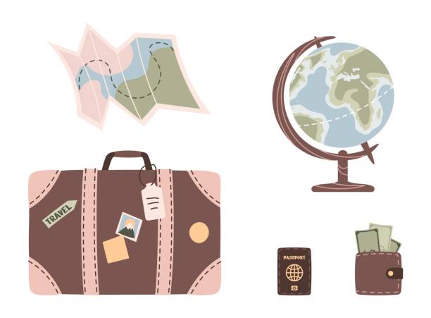 Travel set on isolated background. Illustrations, summer travel stickers. Suitcase, map, wallet with money and passport. Vacation, travel around the world. Hand drawn. Colorful flat illustration.