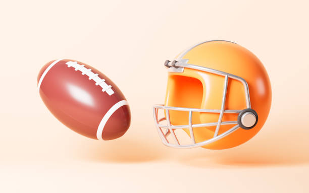 istock Cartoon rugby football and protective helmet, 3d rendering. 2156143568